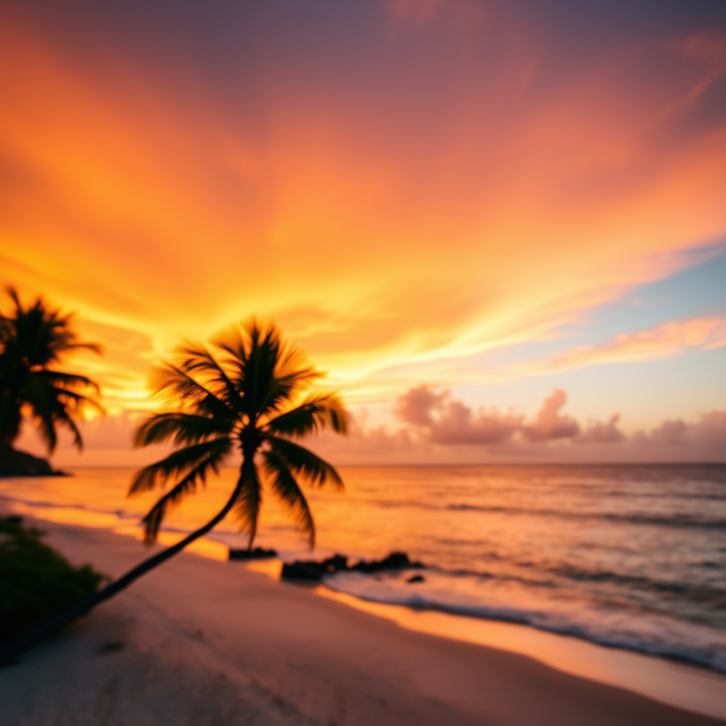 sunset over a tropical beach with a silhouette of a palm tree, vibrant orange and yellow gradient sky, soft focus, f/8 aperture, ISO 100, 50mm lens, landscape orientation, DSLR camera