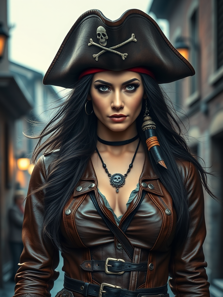 Create a portrait of a fierce female pirate. She wears a leather tricorn hat adorned with a skull and crossbones emblem, and her long, dark hair flows around her face. Her outfit consists of a richly detailed leather jacket, a corset, and multiple layers of belts and accessories, giving her a formidable and stylish appearance. She stands confidently in a dimly lit, historic port town, with a backdrop of weathered buildings and cobblestone streets, capturing the adventurous spirit of a pirate.
