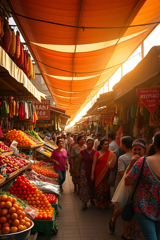 Low-resolution candid shot of a bustling marketplace, colorful stalls overflowing with fruits and vegetables, people browsing in vibrant clothing, and warm afternoon light filtering through overhead canopies.