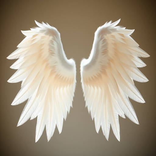 Create a high-resolution illustration of angel wings with detailed feathers, shot with a Canon EOS R5, 50mm f/1.2 lens, aperture f/2.8, ISO 100, in a soft natural light setting, front view, digital art style.