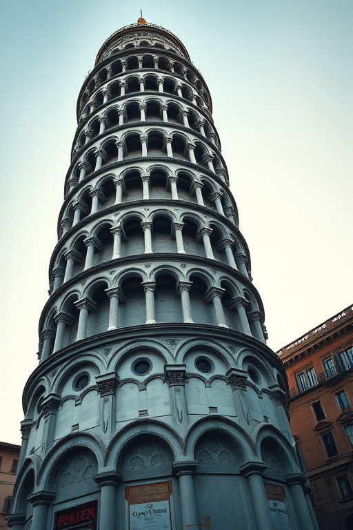 Create an image of a leaning tower with intricate architectural details and a round base, captured with a DSLR camera at f/8 aperture, ISO 100, 50mm focal length, in a wide-angle view, using a low-angle perspective and soft natural lighting to enhance the overall quality.