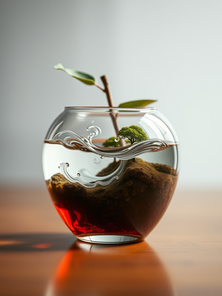 capture an apple made of glass filled with swirling water and a miniature landscape inside, soft natural lighting, shallow depth of field, 50mm lens, f/2.8, ISO 100, shoot from a low angle to highlight the reflections and details in the water and glass