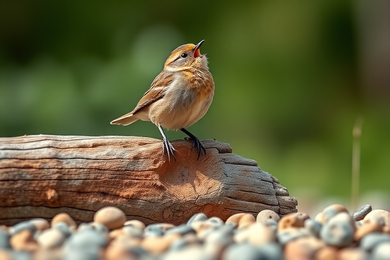 Capture a high-resolution image of a singing bird perched on a rustic log with pebbles in the foreground, using a DSLR camera with a 300mm lens, aperture f/4, ISO 200, shutter speed 1/500s, taken in natural light from a low angle to emphasize the bird's features and create a bokeh effect in the background.