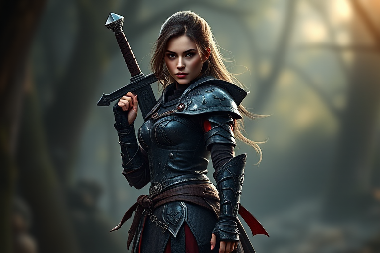 Generate a digital artwork of a female rogue character standing confidently with a sword on her back, wearing dark, intricate armor with red accents, shot in high resolution with a 50mm lens at f/1.8, using a Canon DSLR, in a portrait view with dramatic lighting and a soft focus background to enhance details.