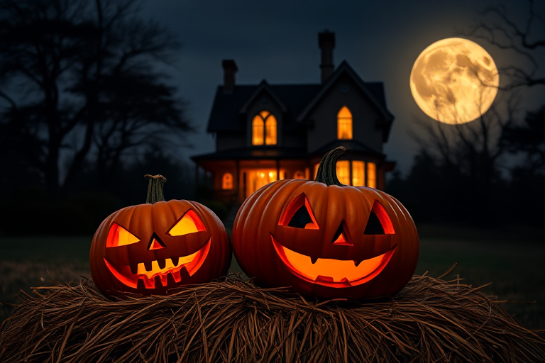 Halloween scene with a full moon, a haunted house illuminated from within, two carved pumpkins with menacing grins on a haystack, twilight setting, ISO 200, f/8 aperture, 24mm lens, DSLR camera, HDR photography style.