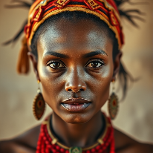 portrait of a woman with bold tribal accessories and striking features, soft focus on the background, warm lighting, 50mm lens, aperture f/1.8, ISO 100, shot at eye level, using a full-frame DSLR camera