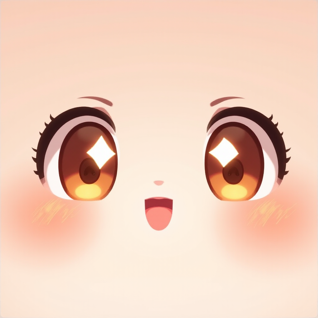 Create an illustration of a cute anime face with large, sparkling eyes featuring orange highlights. The face should have rosy cheeks and convey a joyful, lively expression. The style should be bright and cheerful, capturing the essence of kawaii art.