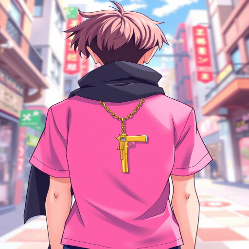 Create a high-resolution illustration of a character wearing a pink shirt and a black scarf, standing with their back to the viewer, wearing a stylish gold chain with a pendant shaped like a gun, in a vibrant urban setting, captured with a DSLR camera at f/1.8 aperture, ISO 100, and a shutter speed of 1/200 sec, using a wide-angle lens for a dramatic perspective.