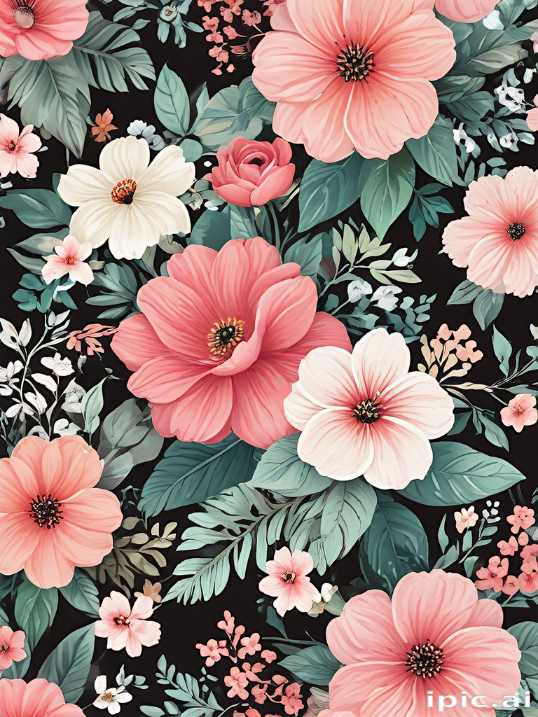 Vibrant Floral Pattern Featuring Various Colorful Flowers on a Dark ...