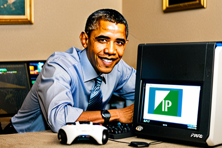 Barack Obama gaming on a green high-tech gaming PC setup