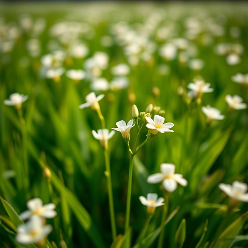 capture a close-up image of white flowers in a lush green field during daylight, using a DSLR camera with a 50mm lens, aperture set at f/2.8, shutter speed 1/200s, ISO 100, natural lighting for vibrant colors and depth of field effect