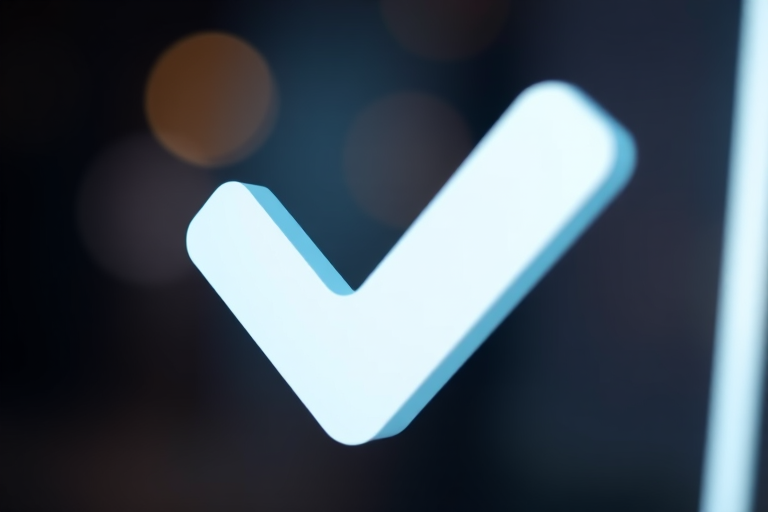 create a high-resolution image of a large checkmark symbol with a minimalistic design, captured with a DSLR camera at f/2.8 aperture, ISO 100, 1/200 sec shutter speed, using a macro lens to emphasize detail and smooth background bokeh
