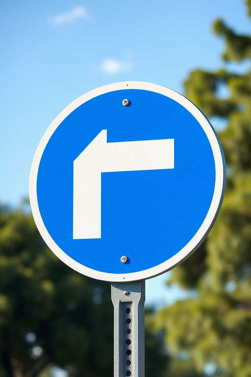 Generate a high-resolution image of a blue circular traffic sign with a white right arrow, captured with a DSLR camera at f/8 aperture, ISO 100, 50mm lens, natural lighting, and a slightly elevated angle for better visibility.