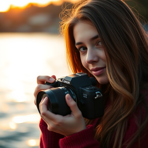 regenerate a portrait of a young woman with long hair holding a camera near a body of water during golden hour, soft focus, aperture f/2.8, shutter speed 1/250s, ISO 100, shot with a DSLR camera, 50mm lens, natural light