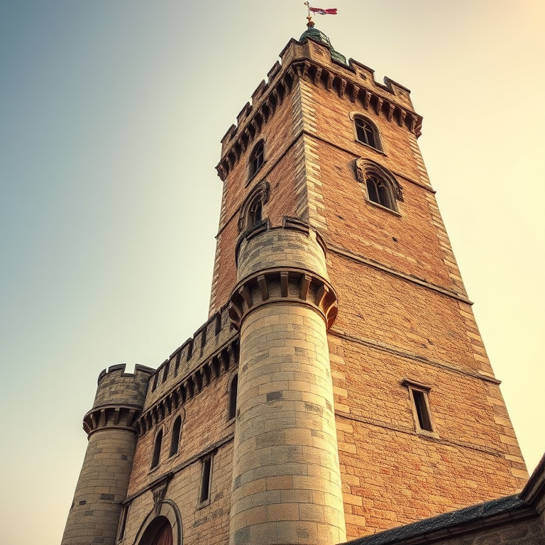 highly detailed medieval tower, captured in bright daylight, 24mm lens, f/8 aperture, ISO 100, HDR photography, 4K resolution, wide angle view, DSLR camera