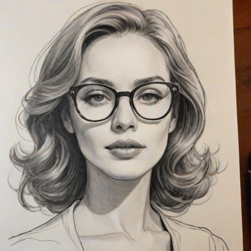 Splendid Jade Tailor, pencil sketch, portrait of Exquisite woman 1973s in glasses, hair style beatnik, outline, clear lines, fine lines, 8k