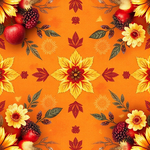 Create a repeating pattern of autumn fruits and flowers, using watercolors with rich textures and warm orange background, shot with a Canon EOS R6, 50mm lens, aperture f/2.8, ISO 100, in soft natural light.