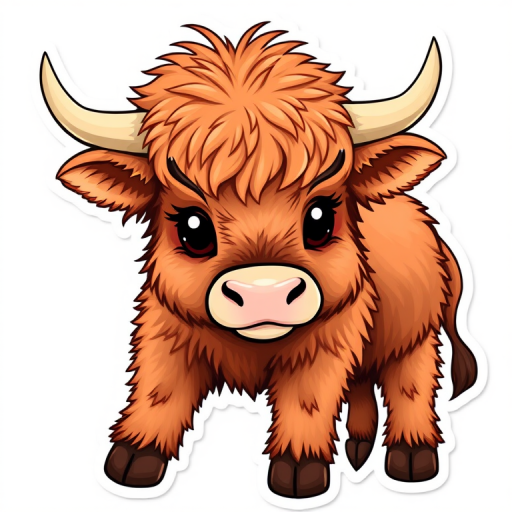 sticker design, adorable, furry, baby, highland cow, white background