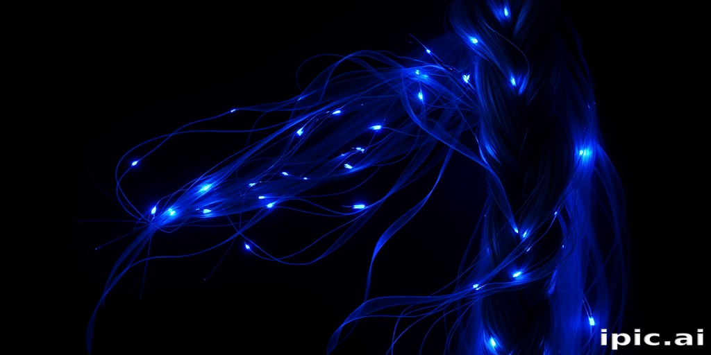 Enchanting midnight blue mermaid braid cascading down one side, interwoven with glowing fiber optic strands for a magical starry night effect