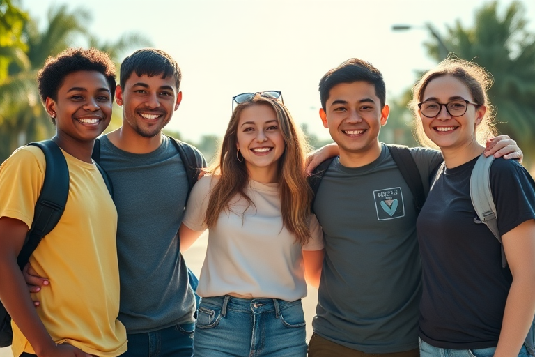 A vibrant group photo of five smiling teenagers standing close together outdoors on a sunny day, captured with a Canon EOS R5, 24mm lens, aperture f/2.8, ISO 100, in natural light with a slight vignette effect for depth.