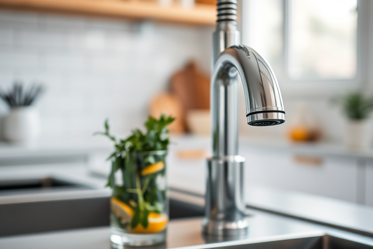 Capture a close-up of a modern chrome faucet with a glass filled with herbs and lemon slices beside it, in a well-lit kitchen setting, using a DSLR camera with a 50mm lens, aperture set to f/2.8 for depth of field, ISO at 200 for minimal noise, and a soft focus background.