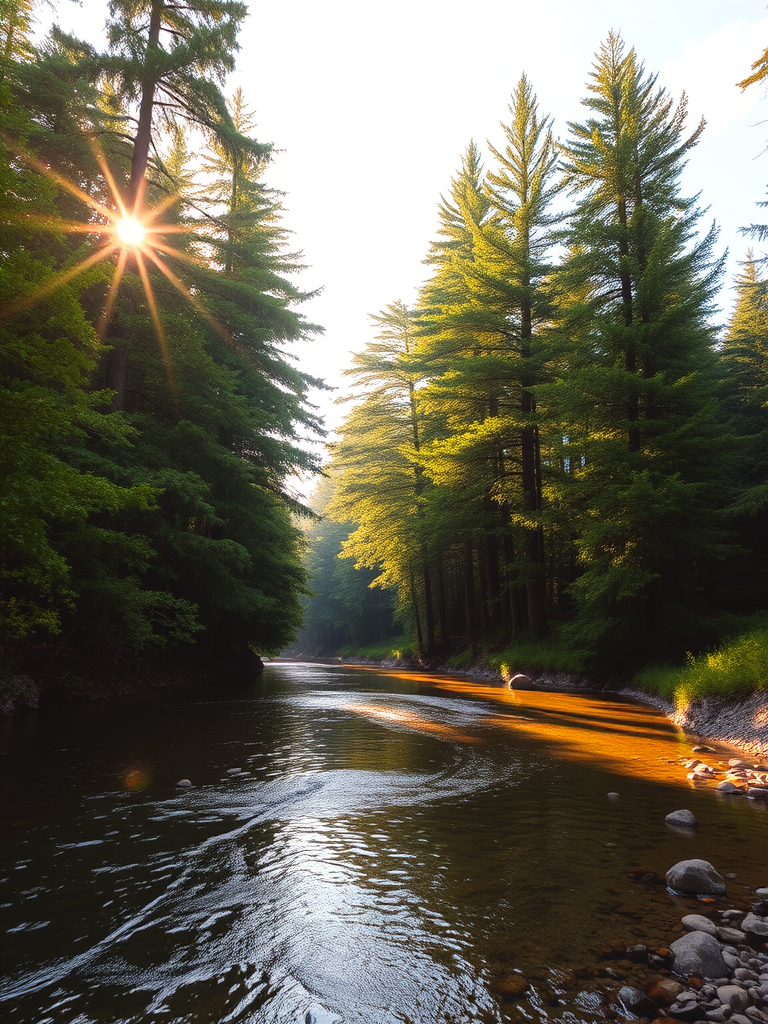 Create an image of a serene, sunlit forest scene with a clear, gently flowing river. Tall trees with lush green foliage line both sides of the river, their leaves bathed in the warm golden light of the setting or rising sun. The sunlight filters through the trees, casting soft, dappled light on the river, which flows over smooth rocks and pebbles, creating a peaceful, natural atmosphere. The sky is bright with a few scattered clouds, and the overall mood is tranquil, evoking a deep sense of connection with nature. The image captures the beauty of a calm, pristine forest landscape at either dawn or dusk.