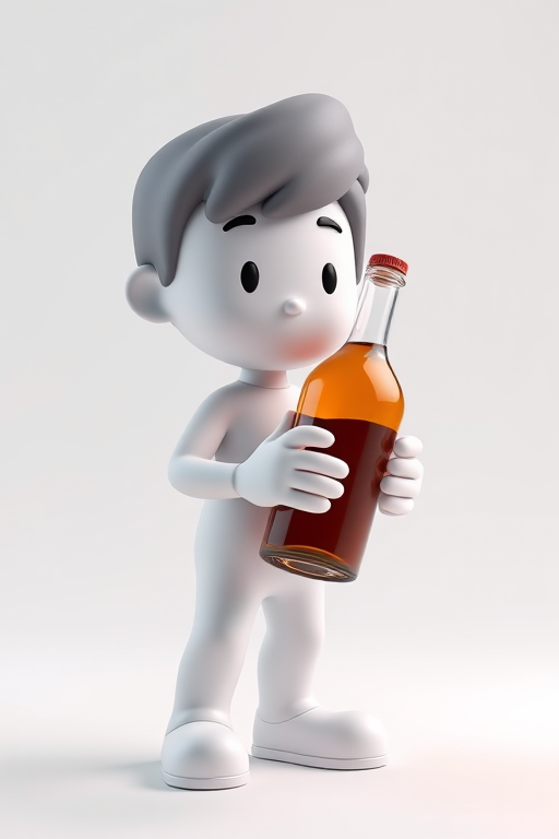 3D character holding a bottle, soft lighting, white background, ISO 100, f/8 aperture, 50mm lens, high dynamic range photography, studio style lighting.