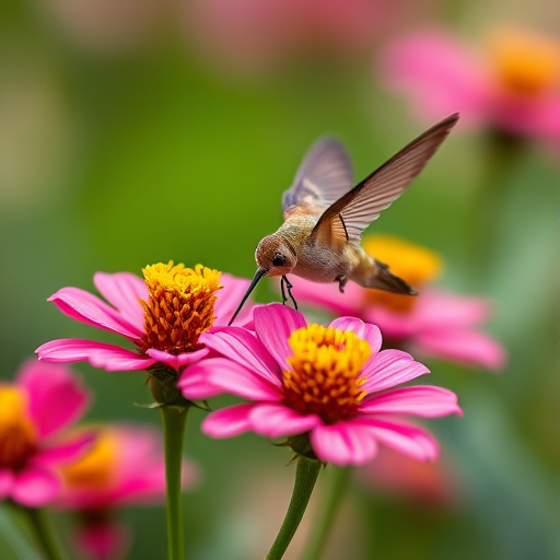 Capture a hummingbird moth hovering over vibrant pink and yellow flowers with a shallow depth of field, using a DSLR camera at f/2.8, 1/500s shutter speed, ISO 200, with a macro lens from a low angle for an intimate perspective and natural soft background.