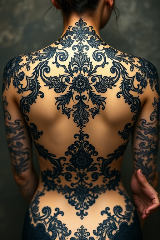 Ornate blackwork body tattoo showcasing intricate lace patterns and filigree designs across the shoulders and upper back, creating a stunning illusion of gothic jewelry