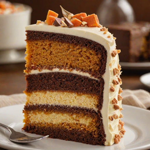 Generate an image of a slice of layered cake. The cake should have three distinct layers: a rich chocolate layer at the top, a creamy vanilla layer in the middle, and a moist pumpkin layer at the bottom. The frosting should be smooth and creamy, with a light brown color, and the slice should be presented on a simple white plate. The background should be softly blurred to keep the focus on the cake.