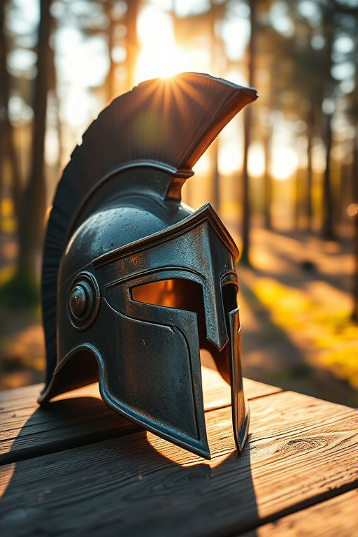 A detailed spartan helmet resting on a wooden table in a sunlit forest clearing, captured with a Canon EOS R5, 50mm f/1.2 lens, aperture set to f/2.8, ISO 100, soft focus background for enhanced depth, golden hour lighting for warm tones.