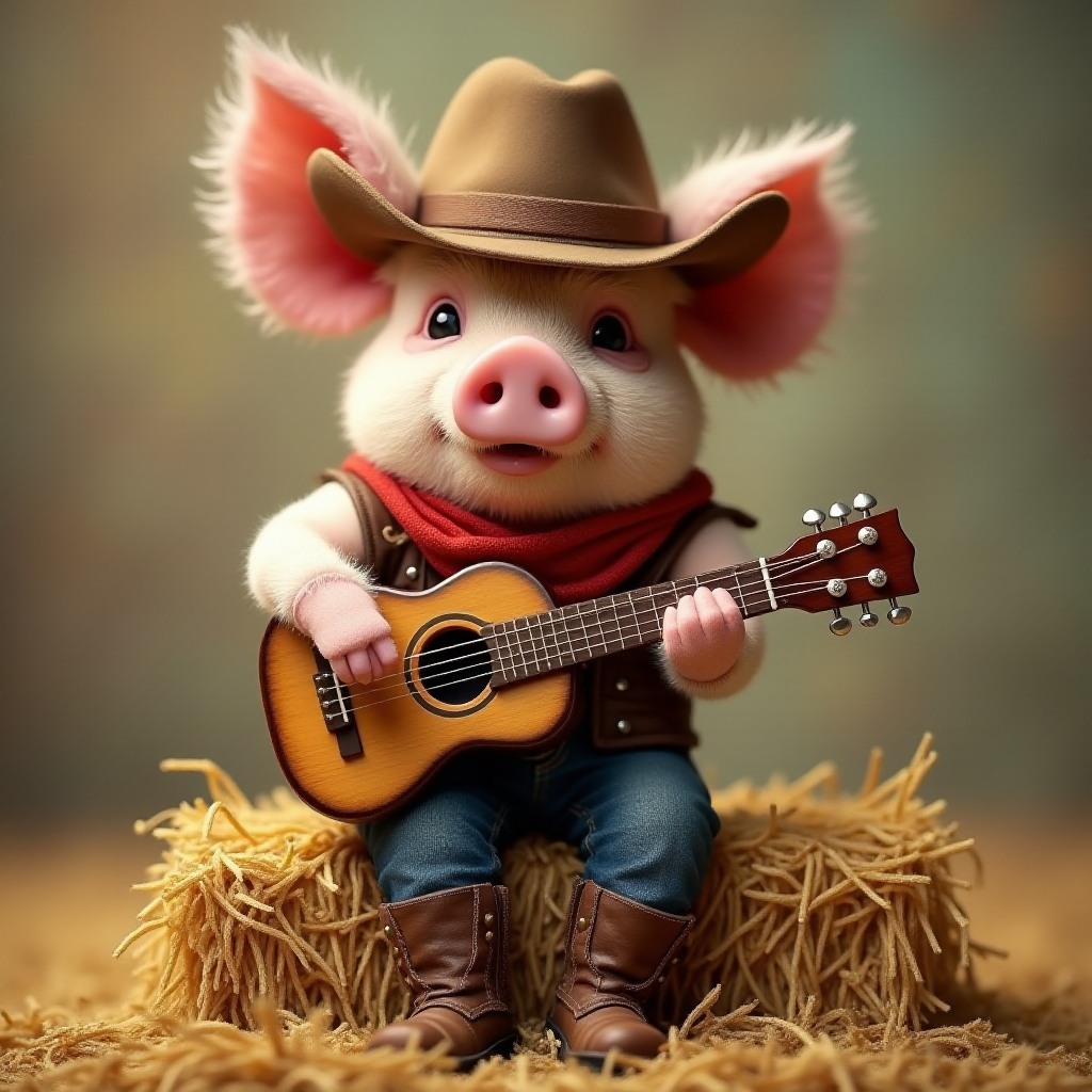 A chibi pig, dressed as a cowboy, playing guitar, sitting on a hay bale