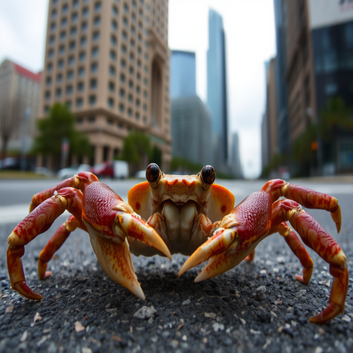 close-up of a crab in an urban environment with skyscrapers in the background, aperture f/2.8, shutter speed 1/250s, ISO 100, DSLR camera, low angle perspective, shallow depth of field