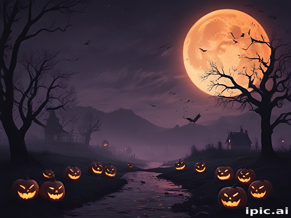 Spooky Halloween Night: Eerie Landscape with Pumpkins and Full Moon
