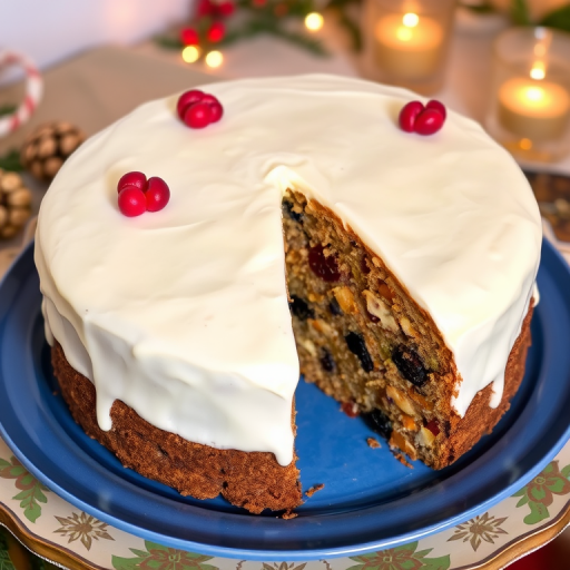 A beautifully decorated round cake with a smooth white icing on a blue plate, a slice cut out revealing a rich fruit cake with nuts and colorful dried fruits, displayed on a decorative plate, in a festive setting with hints of holiday decorations in the background.
