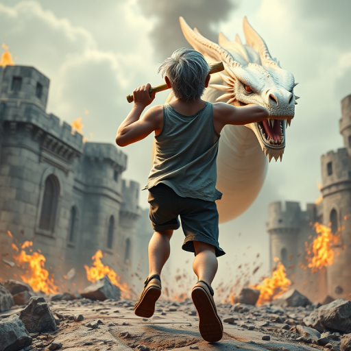 Cartoon 3D High-Resolution,dynamic battle scene using Unreal Engine 5 and Octane Render. The scene features back of an elderly, thai man with a beard,messy hair and round golden-rimmed glasses. He is wearing a tattered tank top with soot marks, shorts, and sandals. sweating. he wields a baseball bat. He jump to fight with a white fire-breathing Europe dragon amidst a partially destroyed stone castle. Include intense flames, smoke, and debris to enhance the dramatic effect.