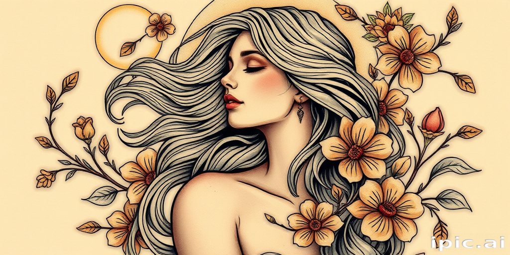 Art Nouveau-inspired tattoo named "Moonlit Serenade" depicting an elegant woman with flowing hair surrounded by whimsical flora and fauna, incorporating sinuous lines and muted color palette
