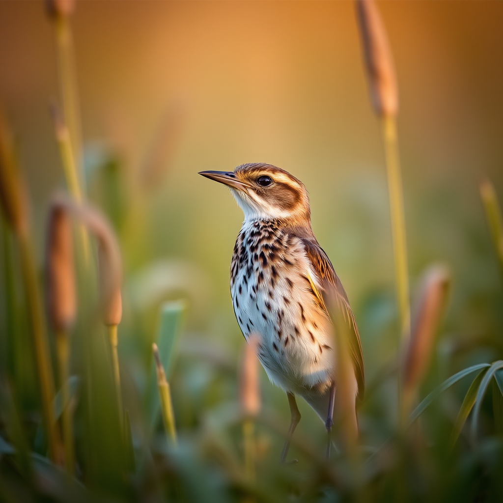 Capture a close-up of a bird standing in tall grass during golden hour, using a DSLR camera with a 300mm lens, aperture set to f/4 for a shallow depth of field, ISO 200 for optimal light sensitivity, and a shutter speed of 1/1000s to freeze motion.