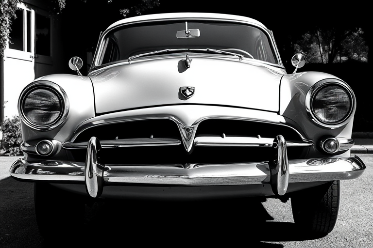 regenerate a classic black and white illustration of a vintage car, front three-quarter view, 50mm lens, aperture f/8, ISO 100, natural lighting, high contrast, sharp detail