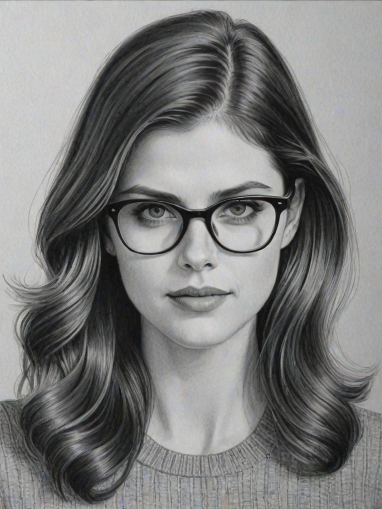 Delightful Alexandra Daddario, pencil sketch, portrait of Exquisite woman 1944s in glasses, hair style beatnik, outline, clear lines, fine lines, 8k