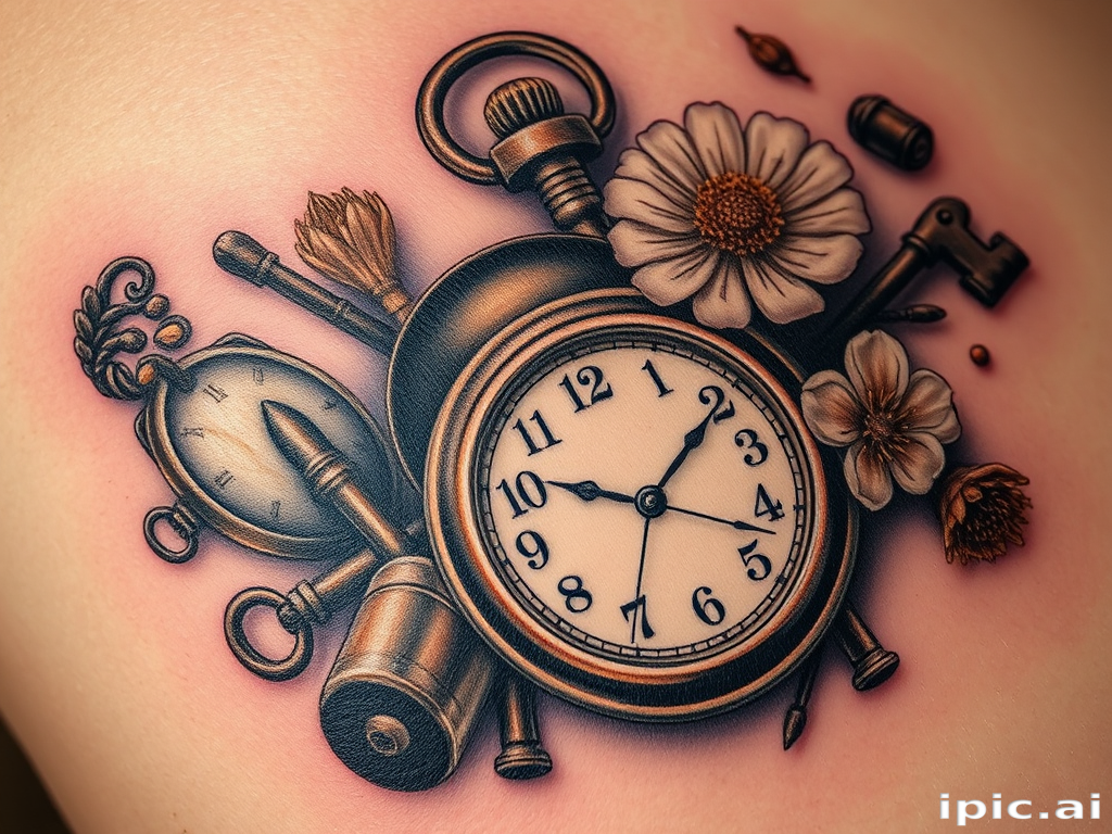 Realism tattoo called "Frozen in Time" depicting a hyper-realistic still life composition of vintage objects such as an old pocket watch, antique keys, and dried flowers, with incredible attention to detail and shading that creates the illusion of three-dimensionality on the skin, ideal for history buffs and those who appreciate the beauty of everyday objects.