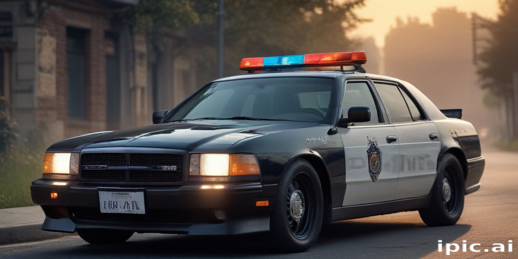 Classic Police Car Parked on a Quiet Street During Early Morning Fog