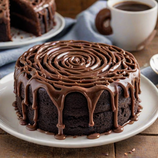 Create a delicious chocolate cake with rich chocolate frosting, topped with decorative chocolate swirls and a glossy chocolate drizzle around the edges. The cake should have a smooth texture and an inviting appearance, perfect for a celebration.