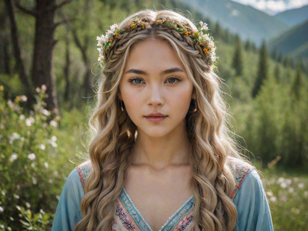 Create an image of a young Kyrgyz woman with long, wavy blonde hair, adorned with small, colorful flowers woven into her braids and loose strands. Her complexion is fair, with soft, glowing skin, and she has light blue eyes that gaze softly at the viewer. She wears a light, flowing dress with a gentle, ethereal quality, complementing her delicate and serene appearance. The background is slightly blurred, drawing focus to her tranquil expression and the intricate details of the flowers in her hair. The overall mood of the image is one of natural beauty and grace, evoking a sense of peacefulness and connection with nature.