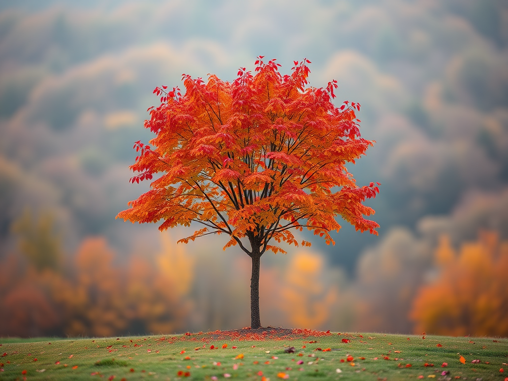 Generate a vibrant autumn scene featuring a solitary tree with colorful leaves in shades of red, orange, and yellow against a soft blurred background, use a Canon EOS R5 camera with a 50mm f/1.2 lens, aperture set to f/2.8, ISO 100, and a shallow depth of field to enhance the focus on the tree while maintaining a dreamy background.