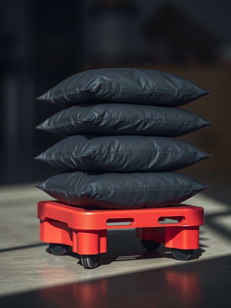 a stack of four black bags resting on a red dolly, well-lit with soft shadows, focus on the texture of the bags, aperture f/4, 1/125s shutter speed, ISO 100, 35mm lens, macro photography style, shot with a DSLR camera