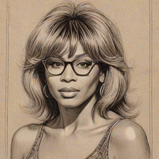 Ravishing Tina Turner, pencil sketch, portrait of Gorgeous woman 1925s in glasses, hair style beatnik, outline, clear lines, fine lines, 8k