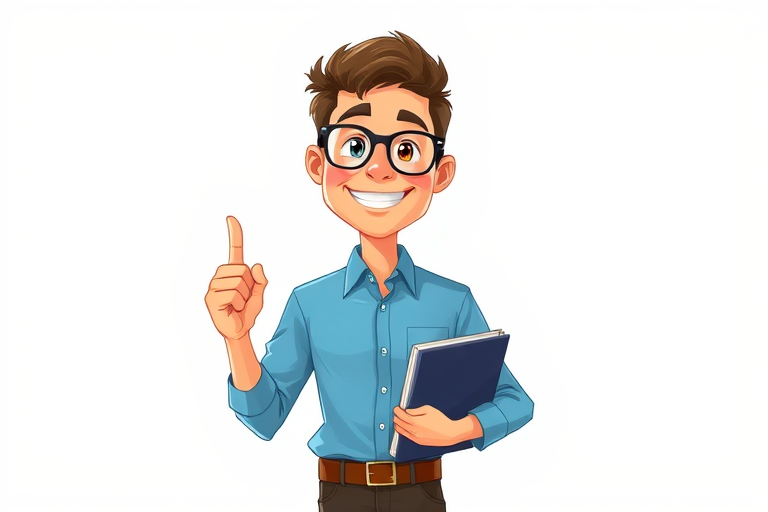 Create a cartoon character of a cheerful man with glasses and a blue shirt holding a folder, standing confidently with one finger raised, in a bright, colorful style, captured with a DSLR camera at f/4 aperture, ISO 200, 50mm lens, with a soft focus background for depth.