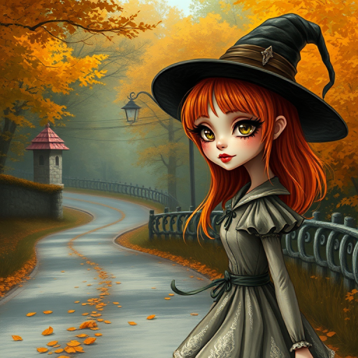 digital art fantasy depicting a strange girl with orange hair, long eyelashes, brown lipstick and a tall hat walking along a winding road on an autumn afternoon, an Oyster smiles as she passes