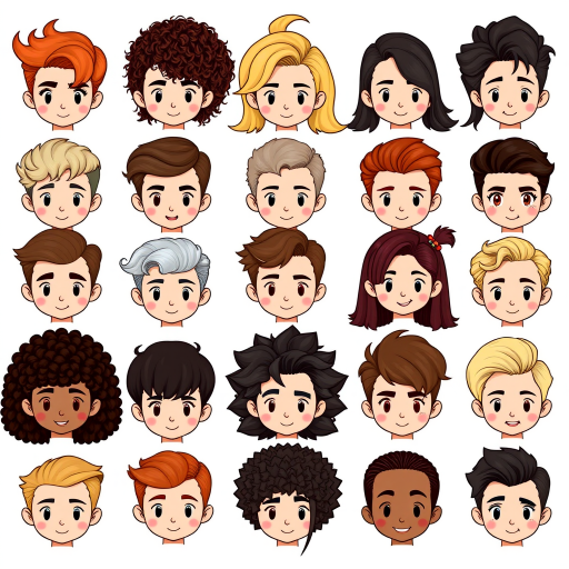 Create a grid of diverse hairstyles in a cartoon style, captured with a Canon EOS 5D Mark IV, aperture f/8, shutter speed 1/125s, ISO 200, top-down view, high-resolution vector format.